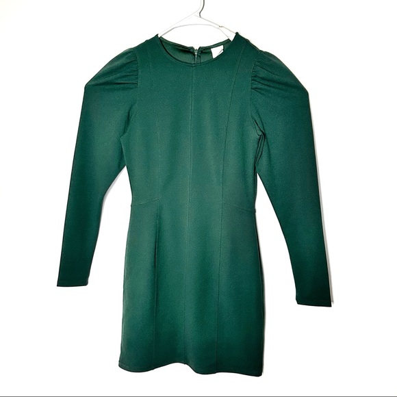 H&M Long Sleeve Midi Dress Sz S Deep Green Puff Sleeve New Condition 15x34” - Picture 1 of 7
